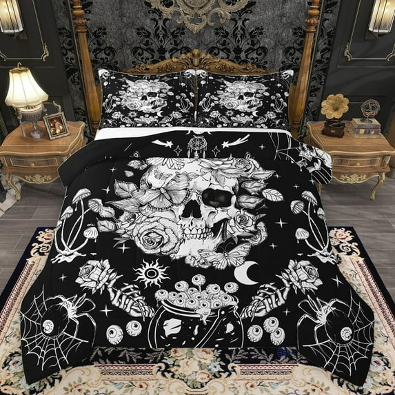 Castle Fairy Adults Female Men Gothic Flowers Skull Bedding Comforter Set 2pcs,Bohemian Starry Sky Twin Comforter Sets Microfiber,Exotic Style Breathable Bedding Set,Ultra Soft Home Decor,Reversible