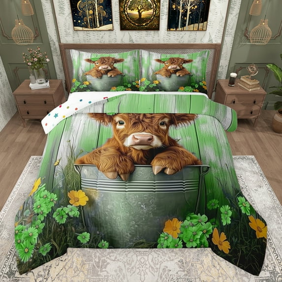 Castle Fairy Adults Female Men Highland Bull 3 Pieces Queen Comforter Set,Colorful Floral Flowers Daisy Ultra Soft Bedding Sets,Retro Farmhouse Animal Bedding Comforter Set Breathable