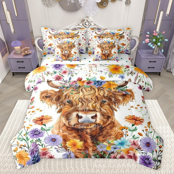 Castle Fairy Adults Female Men Highland Bull Bedding Comforter Set 7pcs,Colorful Floral Flowers Queen Bedding Sets Super Cozy,Farmhouse Animal Queen Sheet Sets,Ultra Soft Home Decor,Reversible