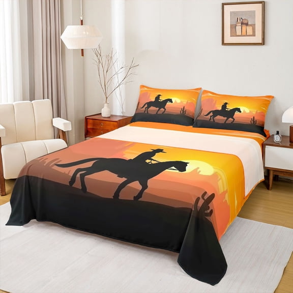 Castle Fairy Adults Female Men Southwestern Cowboy Twin Sheet Sets 3pcs,Vintage Desert Sunset Twin Fitted Sheet Microfiber,Western Exotic Style Breathable Flat Sheet,Ultra Soft Home Decor