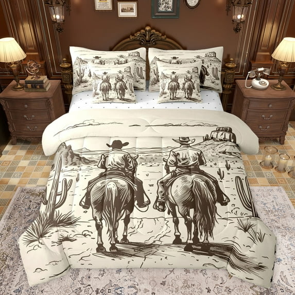 Castle Fairy Adults Female Men Southwestern Cowboys Bedding Comforter Set 7-Piece,Vintage Desert Cactus King Bedding Sets,Western Exotic Style Ultra Soft Bed Sheets,Ultra Soft Home Decor,Reversible