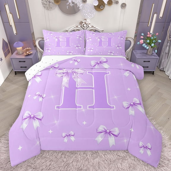 Castle Fairy Adults Female Women Letter Monogrammed H Full Size Comforter Sets 3-Piece,Dreamy Princess Bow-Tie Bedding Comforter Set,Cute Ribbon Bow Lightweight Bedding Sets,Lightweight Room Decor