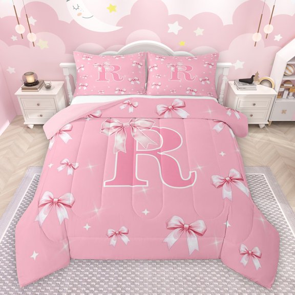 Castle Fairy Adults Female Women Letter Monogrammed R Bedding Comforter Set 2pcs,Dreamy Princess Bow-Tie Twin Comforter Sets Microfiber,Cute Ribbon Bow Breathable Bedding Set,Lightweight Room Decor