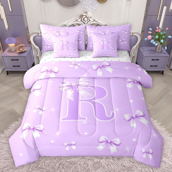 Castle Fairy Adults Female Women Letter Monogrammed R Bedding Comforter Set 7-Piece,Dreamy Princess Bow-Tie King Bedding Sets,Cute Ribbon Bow Ultra Soft Bed Sheets,Lightweight Room Decor,Reversible