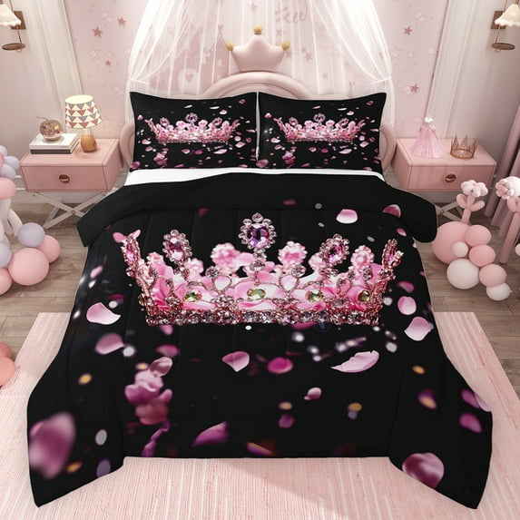 Castle Fairy Adults Female Women Princess Crown 3 Pieces Queen Comforter Set,Floral Cherry Blossom Ultra Soft Bedding Sets,Bling Crystal Bedding Comforter Set Breathable,Lightweight Room Decor