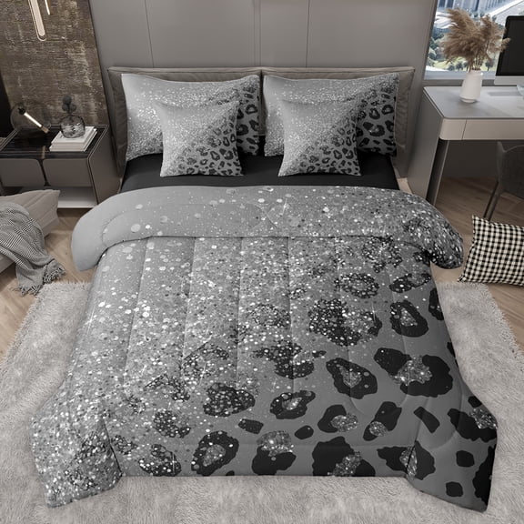 Castle Fairy Adults Leopard Cheetah Print Glitter Bedding Comforter Set 7-Piece,Sparkling Sequin Print King Bedding Sets,Abstract Gradient Ultra Soft Bed Sheets,Microfiber Bedroom Decor,Reversible