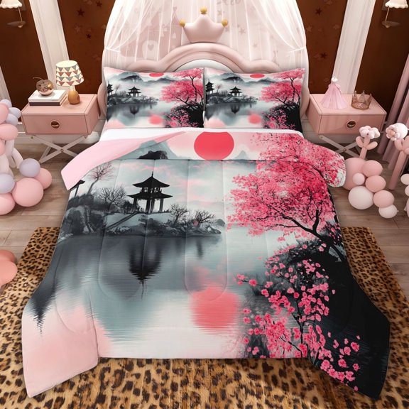 Castle Fairy Adults Oriental Cherry Blossom Twin Comforter Sets,Japanese Style Bedding Set
