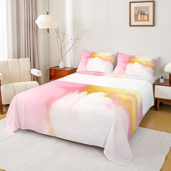 Castle Fairy Adults Women Female Abstract Watercolor Art 4pcs Bed Sheets,Gradient Pink Golden King Sheets,Ombre Graffiti Splash Super Cozy Sheet Set,Breathable Home Decor