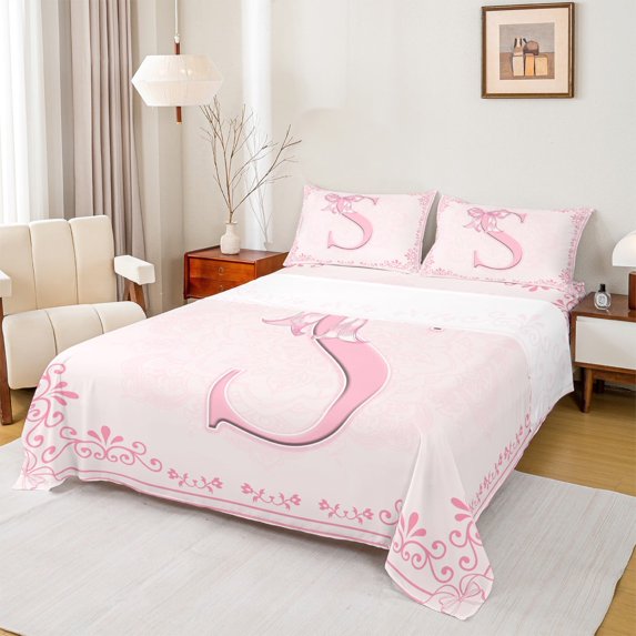 Castle Fairy Alphabet Bow 4-Piece Full Size Sheets,Dreamy Princess Bed Sheets,Monogrammed Letter Lightweight Sheet Sets,Lightweight Flower Room Decor