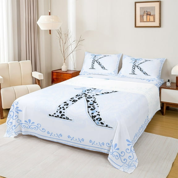 Castle Fairy Alphabet Bowknot 4-Piece Full Size Sheets,Cheetah Print Bed Sheets,Black Blue Lightweight Sheet Sets,Microfiber Girls Bedroom Decor