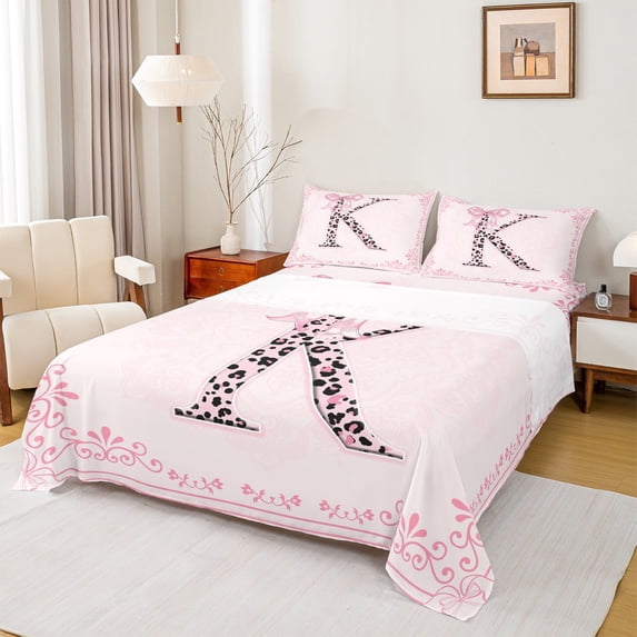Castle Fairy Alphabet Bowknot 4-Piece Full Size Sheets,Cheetah Print Bed Sheets,Black Pink Lightweight Sheet Sets,Microfiber Girls Bedroom Decor
