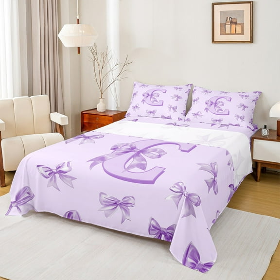 Castle Fairy Alphabet Bowknot 4 Pieces Queen Sheet Sets,Kawaii Cartoon Ultra Soft Flat Sheet,Monogrammed Letter Queen Fitted Sheet,Luxury Girls Bedroom Decor