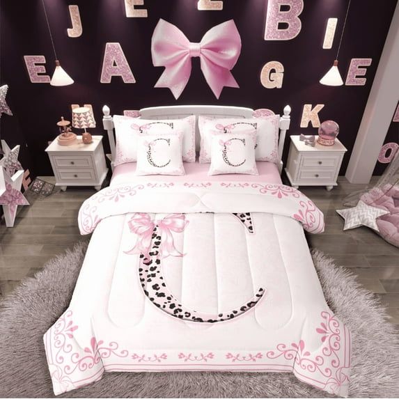 Castle Fairy Alphabet Bowknot 7-Piece Twin Bedding Sets,Cheetah Print Bedding Comforter Set,Black Pink Breathable Sheet Sets,Microfiber Girls Bedroom Decor,Reversible