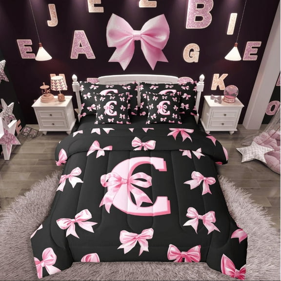 Castle Fairy Alphabet Bowknot 7-Piece Twin Bedding Sets,Pink Bow Bedding Comforter Set,Monogrammed Letter Breathable Sheet Sets,Luxury Girls Bedroom Decor,Reversible