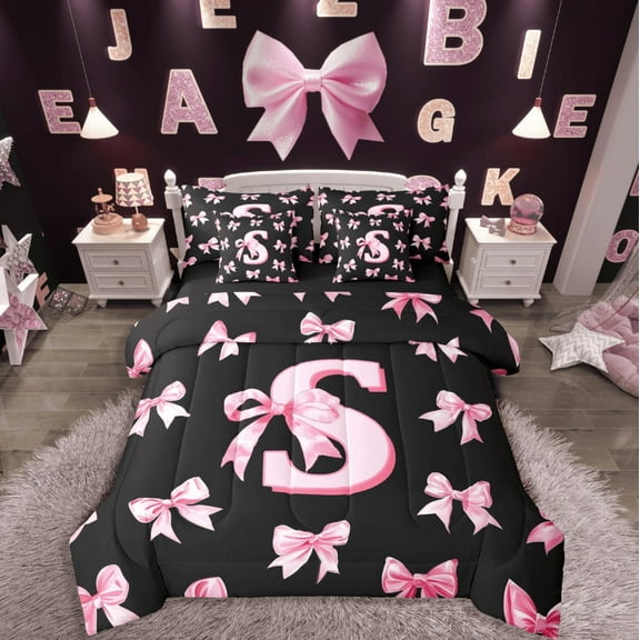Castle Fairy Pink Bow Quilts 7-Piece Twin Bedding Sets,Pink And Black Toddler Twin Comforter Set,S Letter Toddler Bed Comforter Sets Girl Bedroom Decor