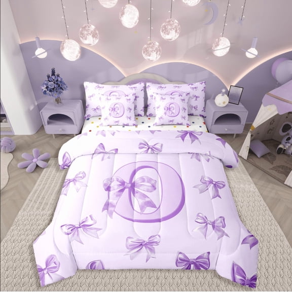Castle Fairy Alphabet Bowknot 7pcs Bedding Comforter Set,Kawaii Cartoon Queen Bedding Sets Super Cozy,Monogrammed Letter Queen Sheet Sets,Luxury Girls Bedroom Decor,Reversible