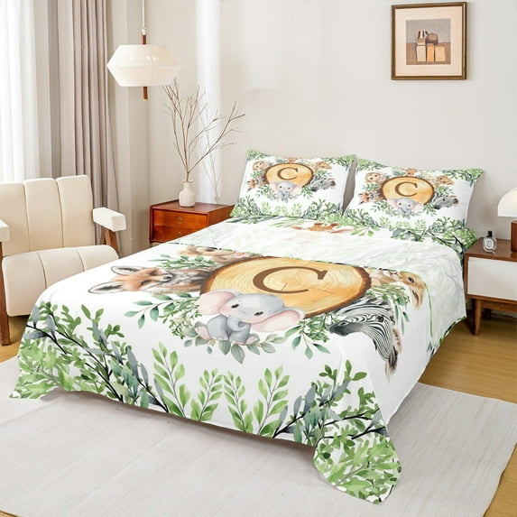 Castle Fairy Alphabet C 3pcs Twin Sheet Sets for Child,Kawaii Wildlife Twin Fitted Sheet,Botanical Plants Breathable Flat Sheet,Ultra Soft Home Decor