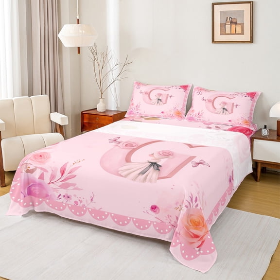 Castle Fairy Alphabet Rose 4pcs Bed Sheets,Flower Butterfly King Sheets,Dreamy Princess Super Cozy Sheet Set,Lightweight Initial Room Decor