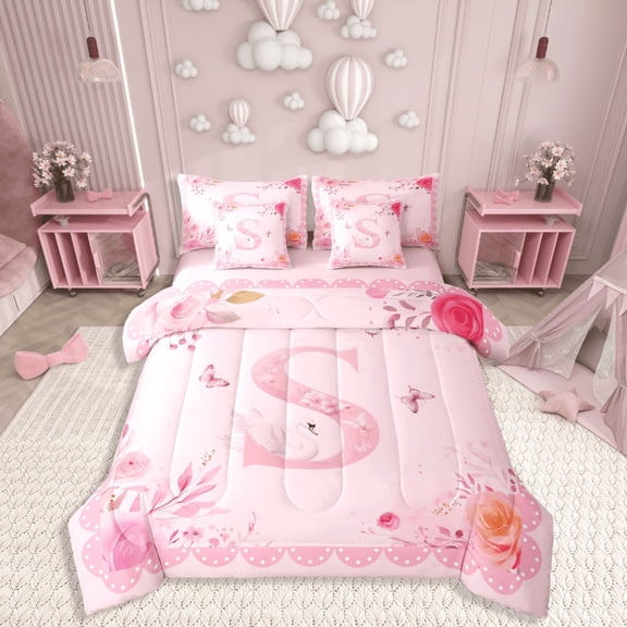 Castle Fairy Alphabet Rose 7pcs Bedding Comforter Set,Flower Butterfly Queen Bedding Sets Super Cozy,Animal Swan Queen Sheet Sets,Lightweight Initial Room Decor,Reversible
