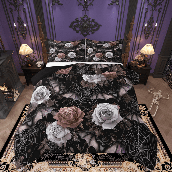 Castle Fairy Animal Bats 2pcs Bedding Comforter Set for Teens,Chic Flower Rose Twin Comforter Sets,Festival Halloween Breathable Bedding Set,Breathable Home Decor