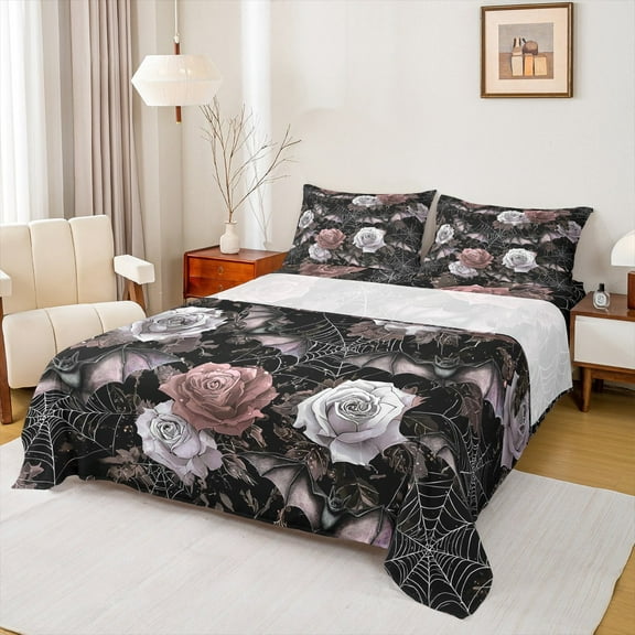 Castle Fairy Animal Bats 4pcs Bed Sheets for Teens,Chic Flower Rose King Sheets,Festival Halloween Super Cozy Sheet Set,Breathable Home Decor