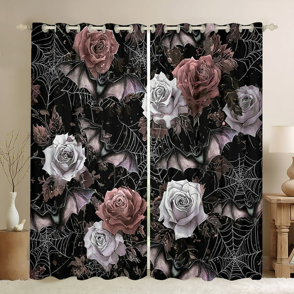 Castle Fairy Animal Bats Black Out Curtains for Teens,Chic Flower Rose Curtains Pack of 2 (42x63 Each),Festival Halloween Bedroom Curtains,Breathable Home Decor