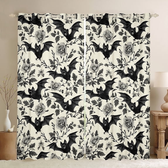Castle Fairy Animal Bats Black Out Curtains,Floral Rose Curtains Pack of 2 (42x63 Each)