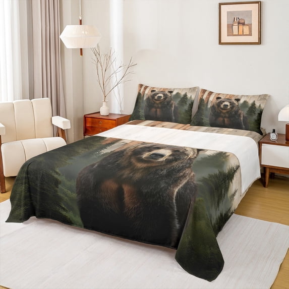 Castle Fairy Animal Bear 4 Pieces Queen Sheet Sets for Kids Teens Adults,Woodland Wildlife Ultra Soft Flat Sheet,Smoky Jungle Queen Fitted Sheet,Luxury Bedroom Decor