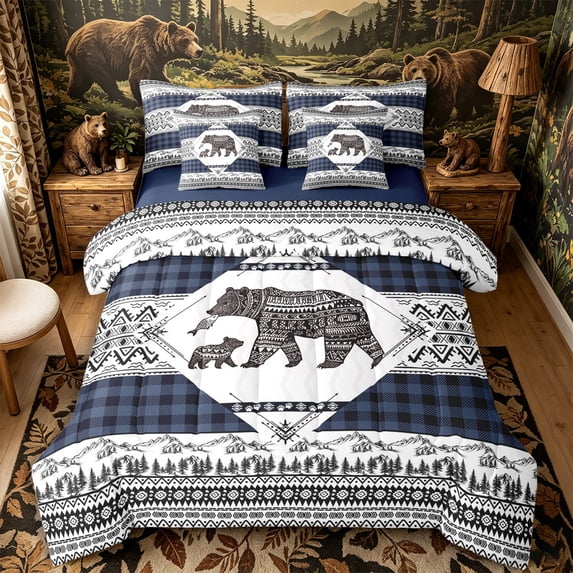 Castle Fairy Animal Bear 7-Piece Twin Bedding,Bohemian Aztec Wildlife Bedding Comforter Set,Navy Black,Navy Blue Reversible