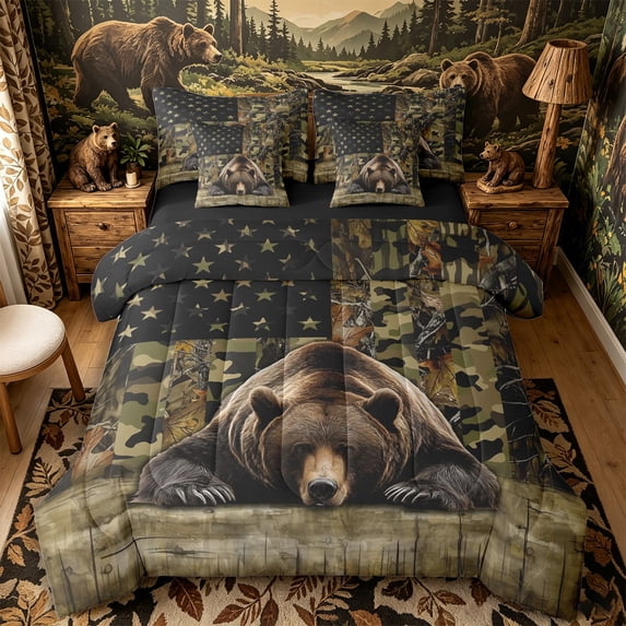 Castle Fairy Animal Bear American Flag Queen Bedding 7pcs,Vintage Camo Wildlife Bedding Comforter Set Queen,Olive Brown Tan,Black Reversible