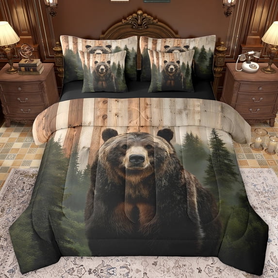 Castle Fairy Animal Bear Bedding Comforter Set 7 Pieces for Kids Teens Adults,Woodland Wildlife Full Bedding Set Lightweight,Smoky Jungle Fitted Sheet Flat Sheet,Luxury Bedroom Decor,Reversible