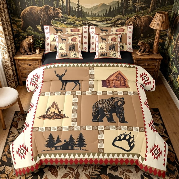 Castle Fairy Animal Bear Deer Full Size Bedding Sets 7 Pieces,Rutic Jungle Wildlife Full Size Bed in a Bag,Tan Cream Maroon,Black Reversible