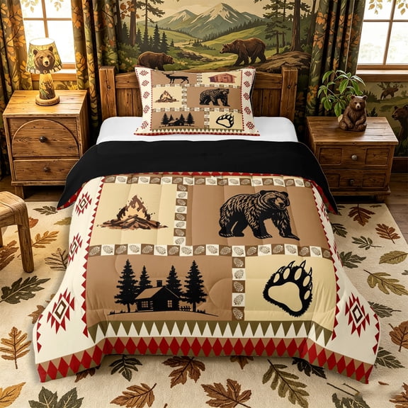 Castle Fairy Animal Bear Deer Twin Comforter Sets 2pcs,Rutic Jungle Wildlife Bedding Set,Tan Cream Maroon,Black Reversible,1 Comforter and 1 Pillowcase