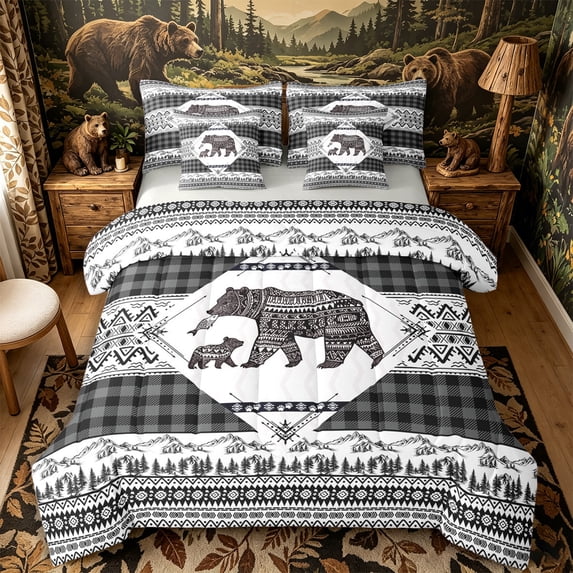 Castle Fairy Animal Bear King Bedding 7pcs,Bohemian Aztec Wildlife King Bed in a Bag,Grey Reversible