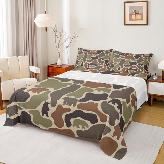 Castle Fairy Animal Bear Queen Sheet Sets,Abstract Geometric Camouflage Bed Set