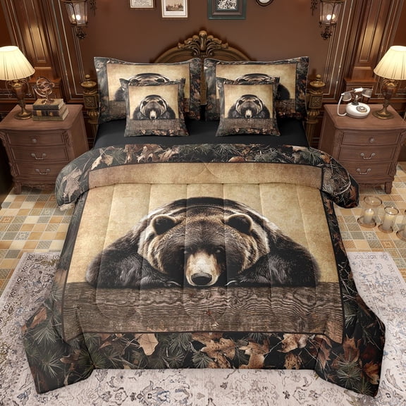 Castle Fairy Animal Bear Twin Bedding Sets 7-Piece for Boys Girls,Botanical Branches Leaves Bedding Comforter Set Microfiber,Vintage Aesthetic Breathable Sheet Sets,Breathable Home Decor,Reversible