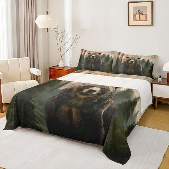 Castle Fairy Animal Bear Twin Sheet Sets 3pcs for Kids Teens Adults,Woodland Wildlife Twin Fitted Sheet Microfiber,Smoky Jungle Breathable Flat Sheet,Luxury Bedroom Decor