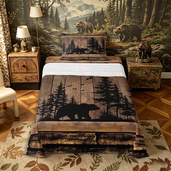 Castle Fairy Animal Bear Twin Sheets 3pcs,Rustic Lodge Wildlife Bedding,Natural Black,1 Fitted Sheet, 1 Flat Sheet and 1 Pillowcase