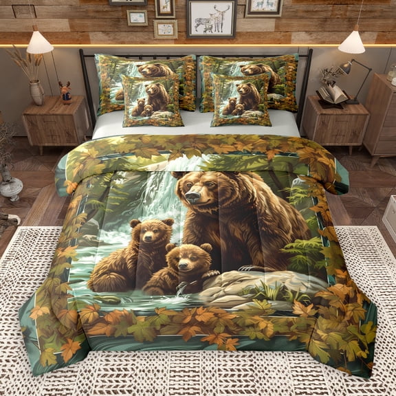 Castle Fairy Animal Bears 7-Piece Twin Bedding Sets for Boys Teens Men,Tree Leaves Bedding Comforter Set,Woodland Wildlife Breathable Sheet Sets,Luxury Bedroom Decor