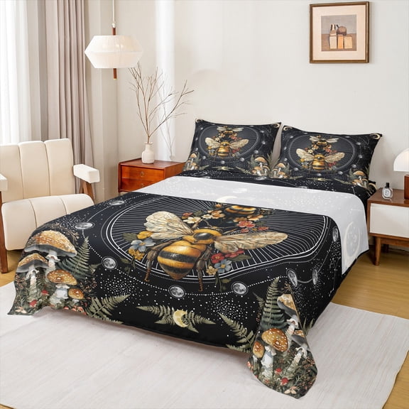 Castle Fairy Animal Bee 4-Piece Full Size Sheets,Botanical Mushroom Bed Sheets,Psychedelic Constellations Lightweight Sheet Sets,Super Cozy Flower Room Decor
