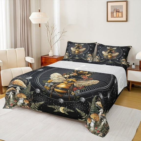 Castle Fairy Animal Bee 4 Pieces Queen Sheet Sets,Botanical Mushroom Ultra Soft Flat Sheet,Psychedelic Constellations Queen Fitted Sheet,Super Cozy Flower Room Decor
