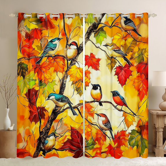 Castle Fairy Animal Bird Black Out Curtains,Maple Leaves Curtains Pack of 2 (42x63 Each)