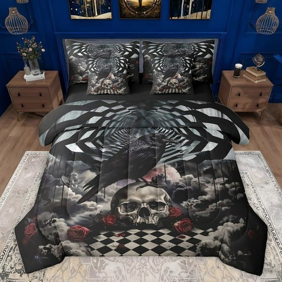 Castle Fairy Animal Black Crow Bedding Comforter Set 7 Pieces for Boys Girls,Gothic Floral Rose Skull Full Bedding Set Lightweight,Geometric Plaid Grid Fitted Sheet Flat Sheet,Lightweight Room Decor