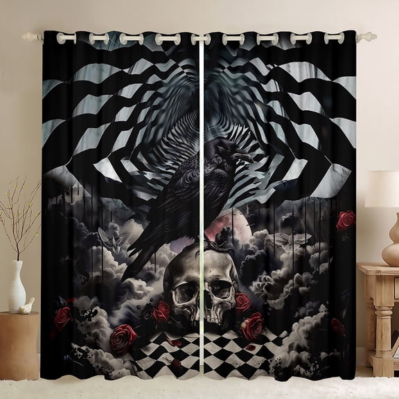 Castle Fairy Animal Black Crow Black Out Curtains for Boys Girls,Gothic Floral Rose Skull Curtains Pack of 2 (42x63 Each),Geometric Plaid Grid Bedroom Curtains,Lightweight Room Decor