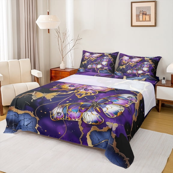 Castle Fairy Animal Butterflies 4 Pieces Queen Sheet Sets for Teens Women Men,Abstract Marble Ultra Soft Flat Sheet,Stone Pattern Queen Fitted Sheet,Ultra Soft Home Decor