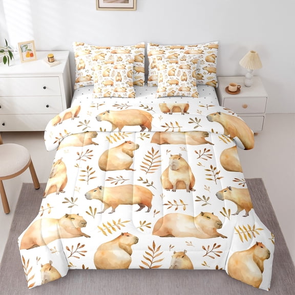 Castle Fairy Animal Capybara Bedding Comforter Set 7 Pieces for Preppy Children,Tree Leaves Full Bedding Set Lightweight,Cartoon Wildlife Fitted Sheet Flat Sheet,Microfiber Bedroom Decor,Reversible