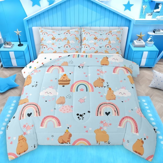 Castle Fairy 3-Piece Full Size Comforter Set, Capybara Rainbow Stars Kawaii Kids Print