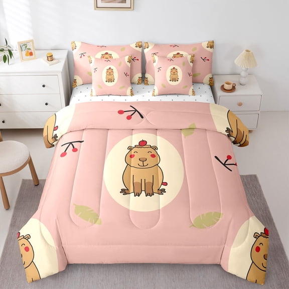 Castle Fairy Animal Capybara Twin Bedding Sets 7-Piece for Preppy Children,Cartoon Cute Bedding Comforter Set Microfiber,Cartoon Wildlife Breathable Sheet Sets,Microfiber Bedroom Decor,Reversible