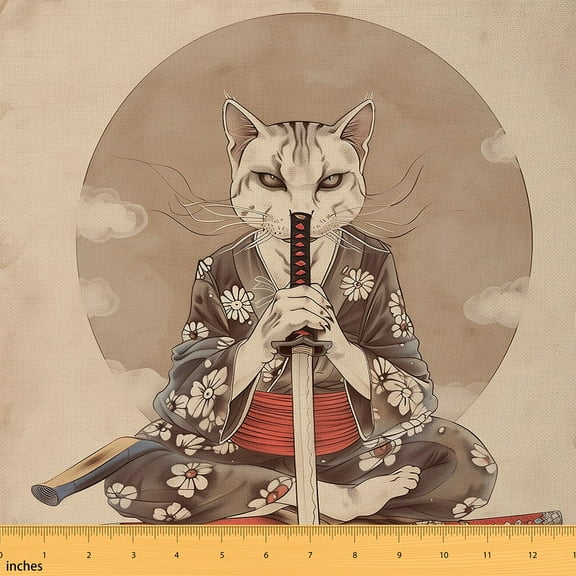 Castle Fairy Animal Cat Fabric by the Yard 1 Yard for Teenagers,Japanese Samurai Home Decor Fabric by the Yard,Traditional Art Room Decor Fabric by the Yard,Ultra Soft Home Decor
