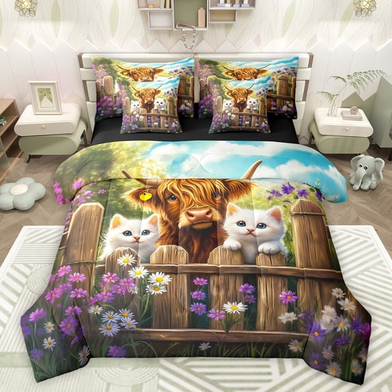Castle Fairy Animal Cats Highland Cow Bedding Comforter Set 7pcs for Boys Girls,Rustic Farmhouse Queen Bedding Sets Super Cozy,Chic Floral Flowers Daisy Queen Sheet Sets,Breathable Home Decor